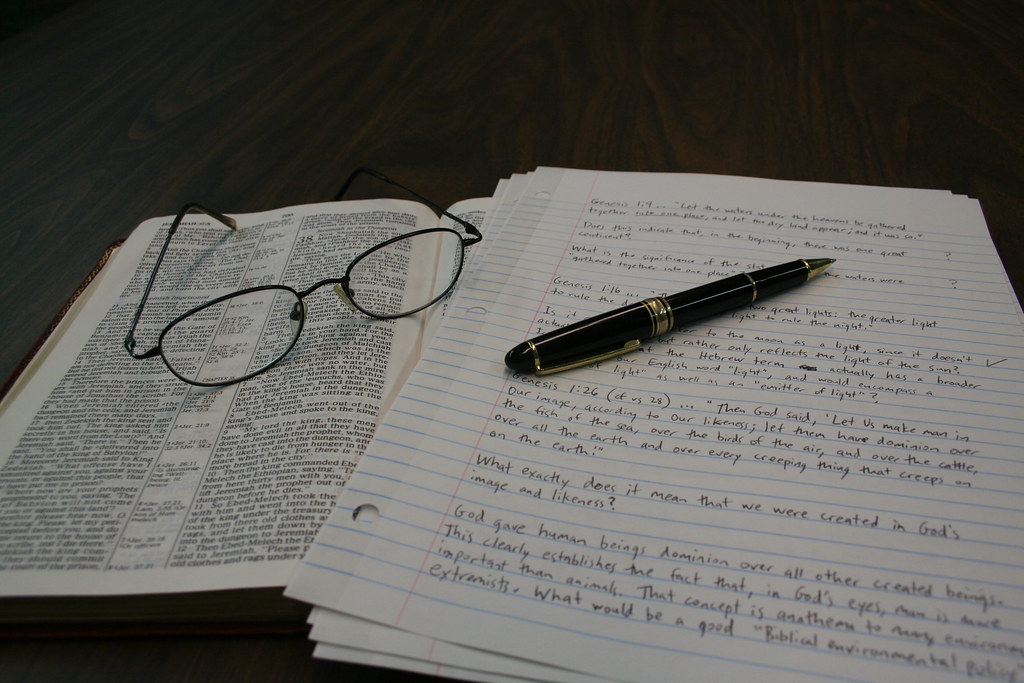 Bible, Reading Glasses, Notes and Pen