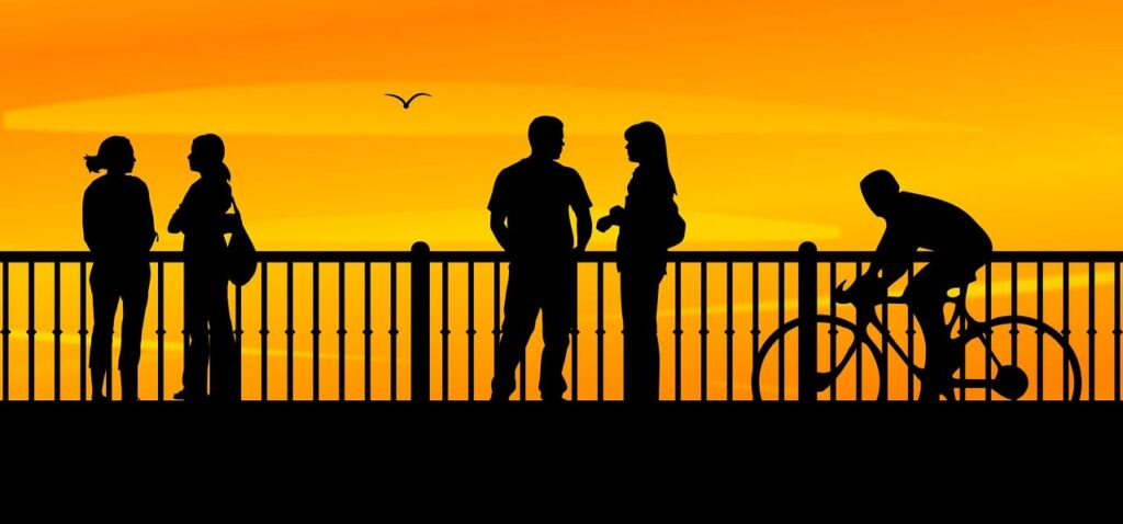 bridge sunset people silhouettes 893200